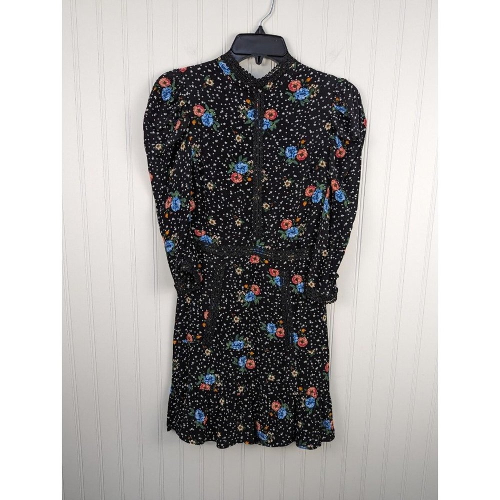 TopShop Women's Black Floral Mini Dress Puff Sleeve Open Back Corset Lace Up  4‎